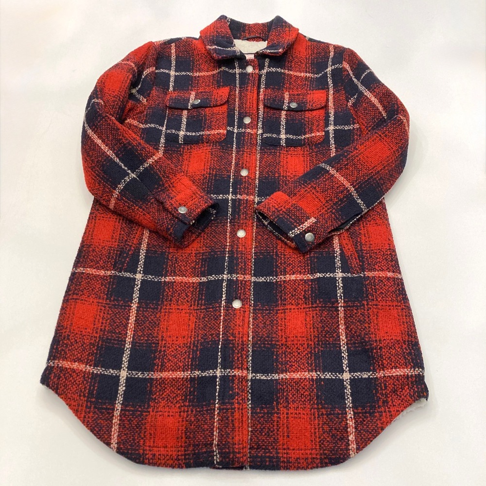 Levis Long Plaid Shacket Red Black Sherpa-Lined Snap Zip Up Womens Small